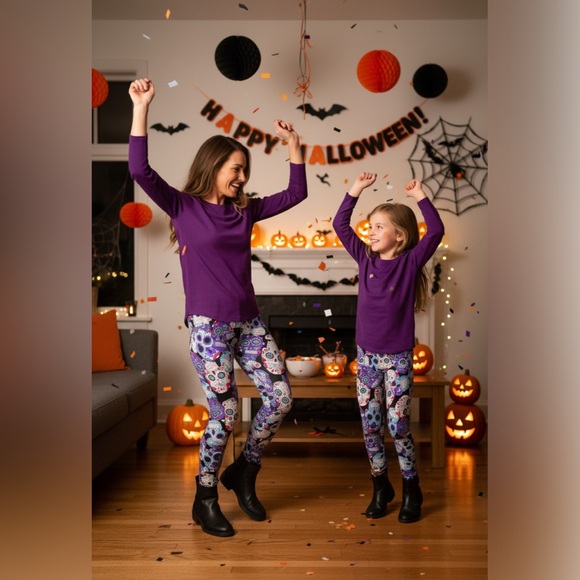 NEW Girls Halloween Skull Leggings, Soft Yoga Pants, Kids Costume - Picture 6 of 7